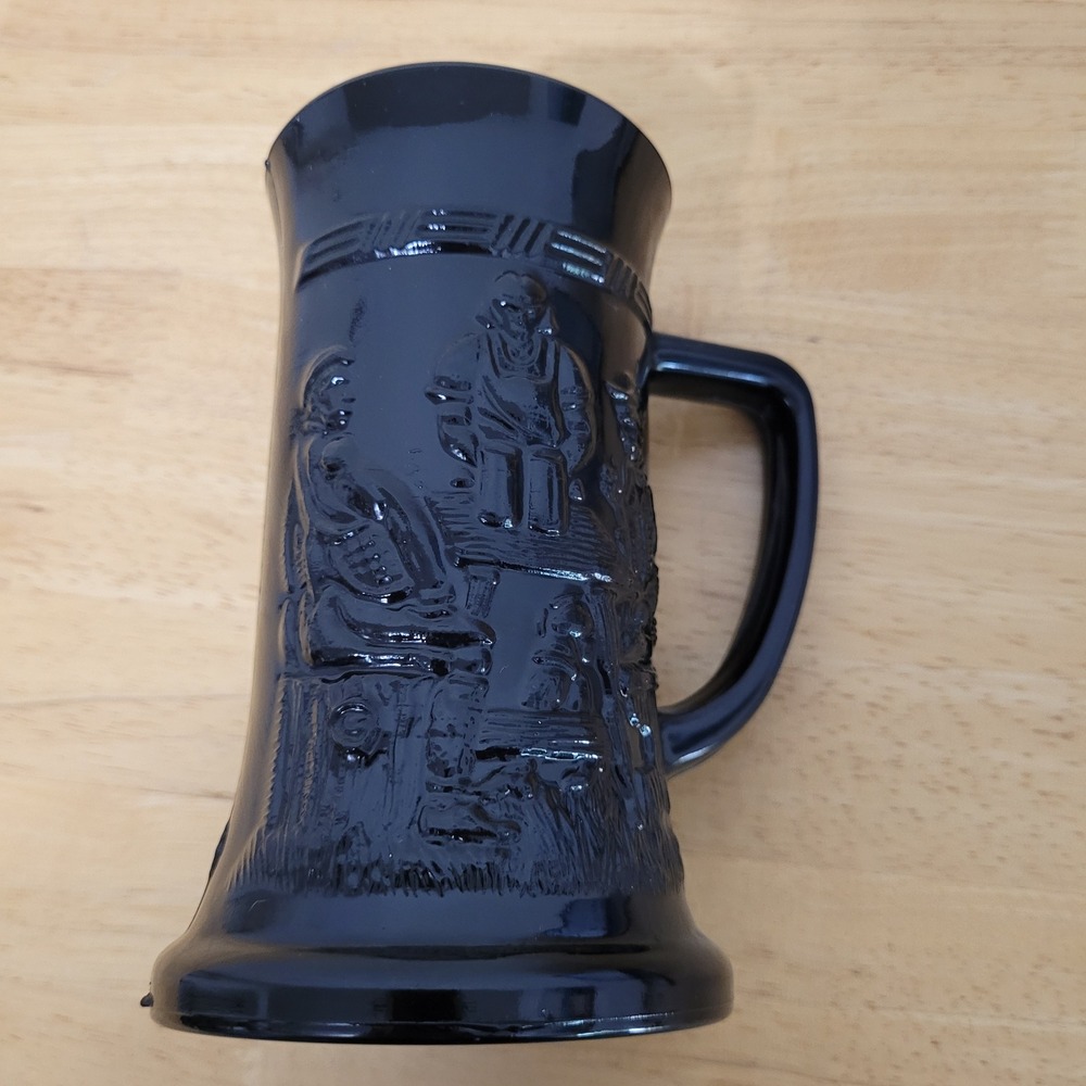Vintage Tiara Black Glass Beer Stein Mug Embossed Tavern Scene Barware Drinkware